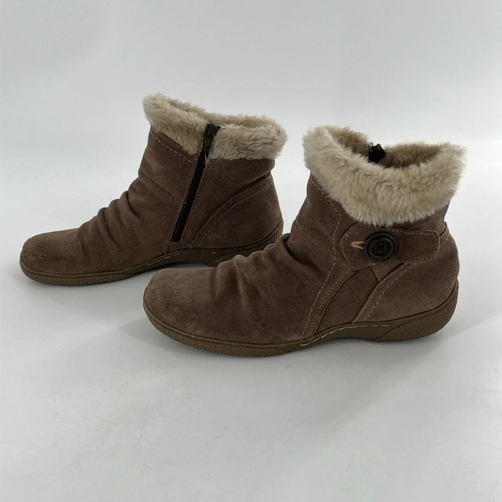 BareTraps Womens Ankle Boots Suede Leather Faux Fur Flat Comfort Tan‎ Cashew 10